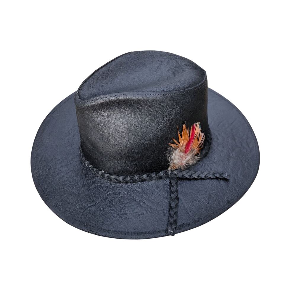 Vintage Leather Cowboy Hat Feather Western Unisex Small USA Made - Picture 2 of 12